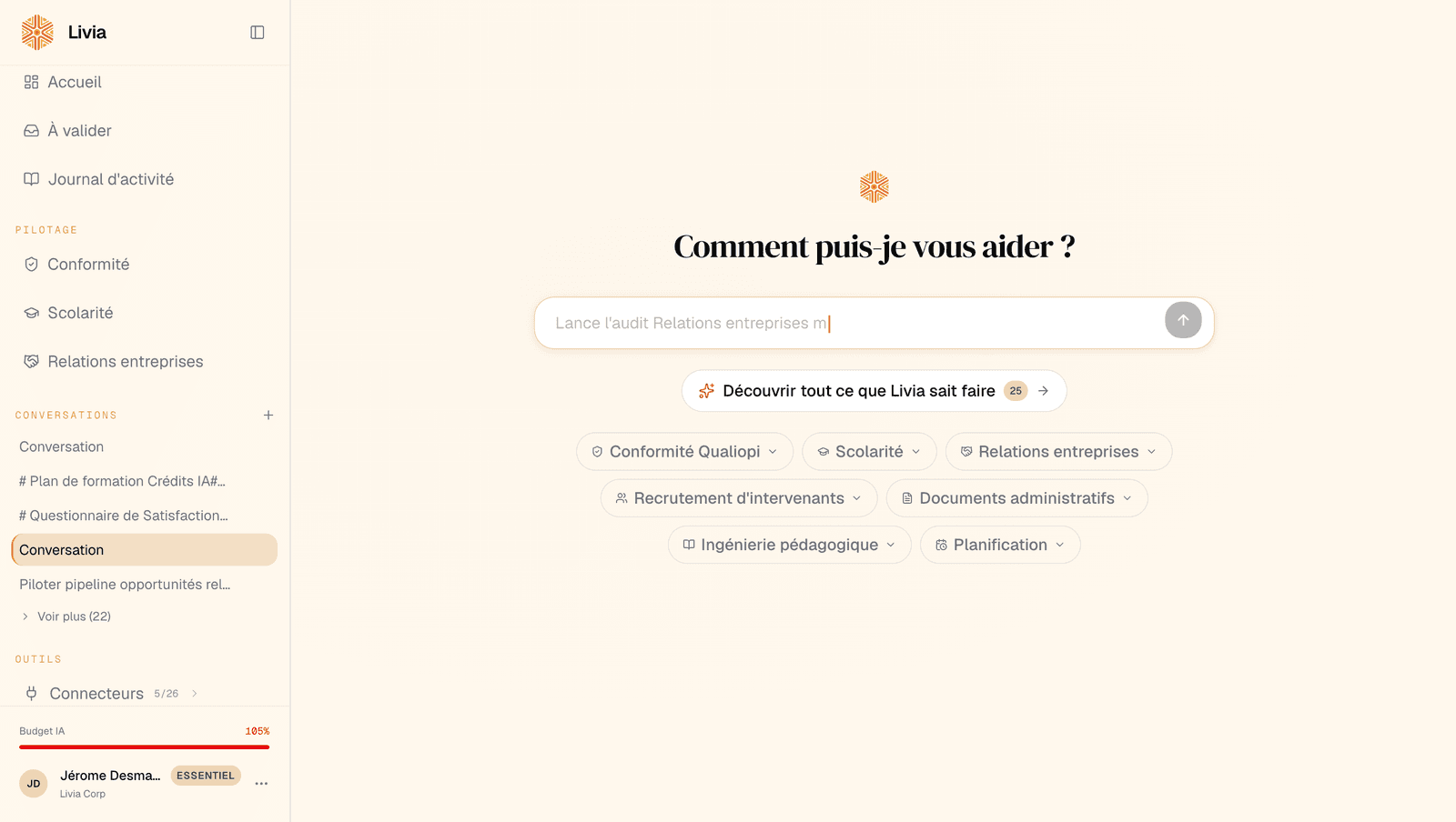 Assistant Livia dans le navigateur, avec la question Comment puis-je vous aider ?